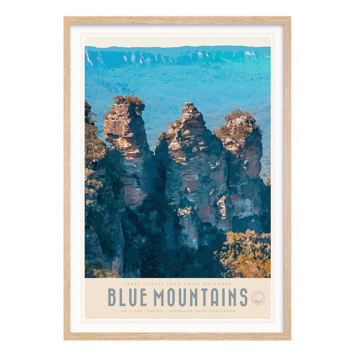 Sydney Blue Mountains vintage retro poster print in oak frame from Places We Luv