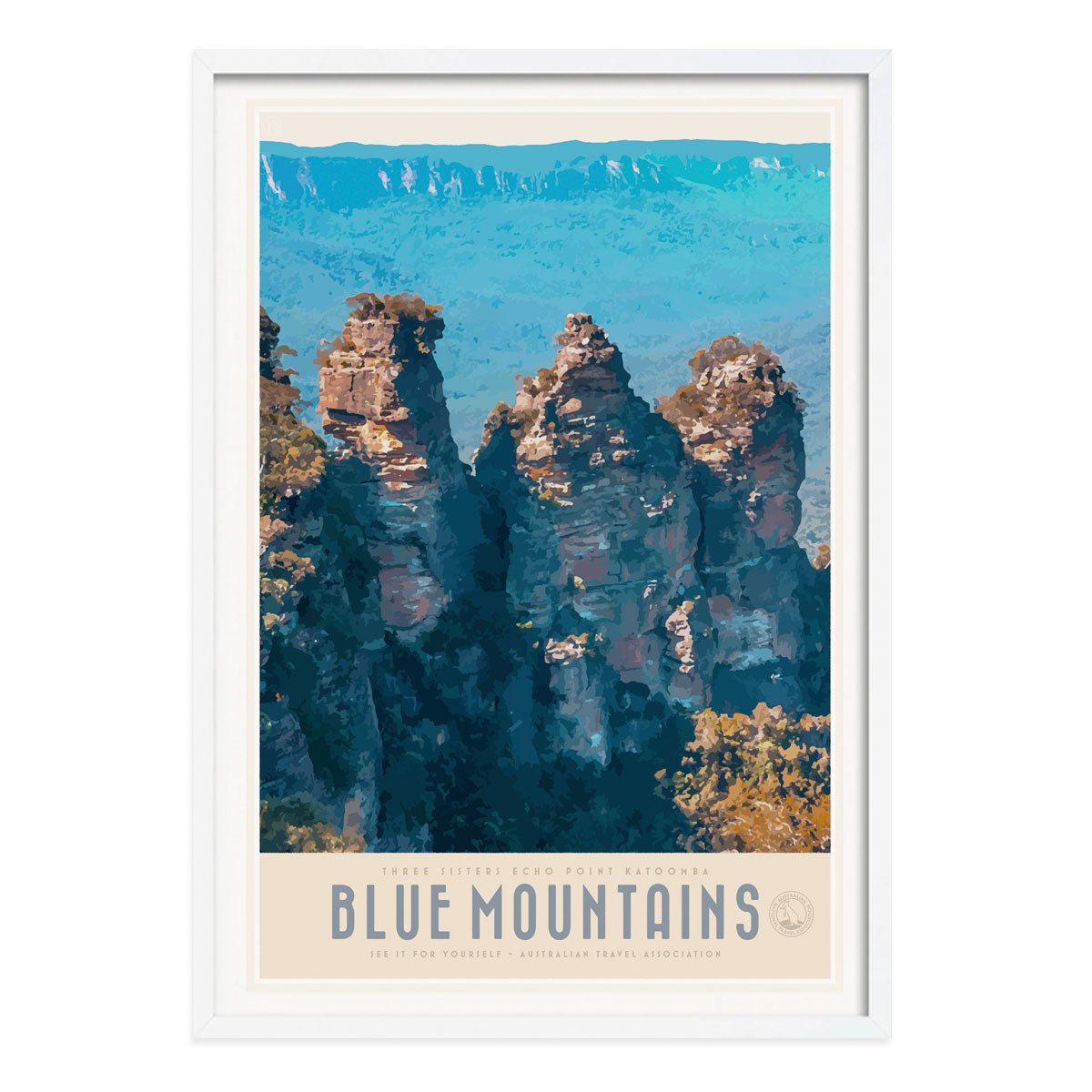 Sydney Blue Mountains vintage retro poster print in white frame from Places We Luv