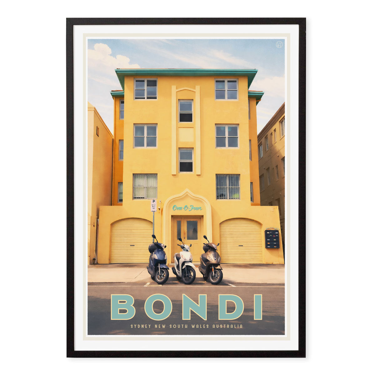 Bondi Art deco building vintage retro poster in black frame from Places We Luv