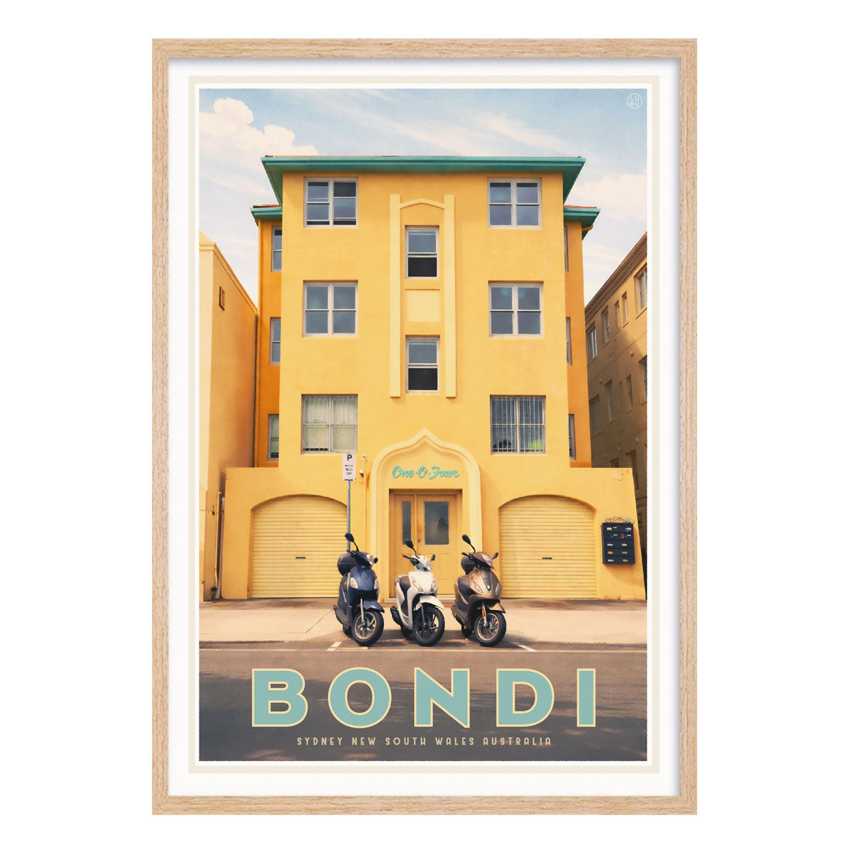 Bondi Art deco building vintage retro poster in oak frame from Places We Luv