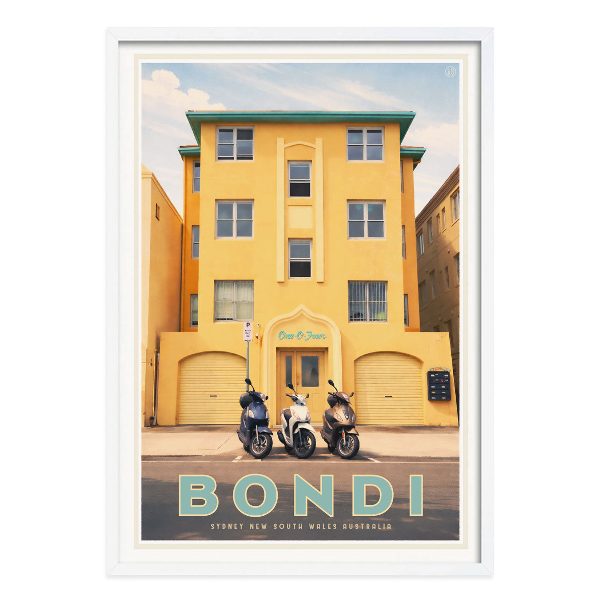Bondi Art deco building vintage retro poster in white frame from Places We Luv