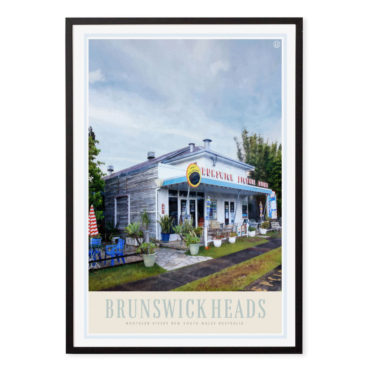 Brunswick Heads Cinema NSW retro vintage black framed poster or print from Places We Luv
