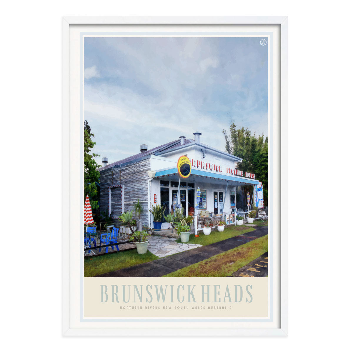 Brunswick Heads Cinema NSW retro vintage white framed poster or print from Places We Luv