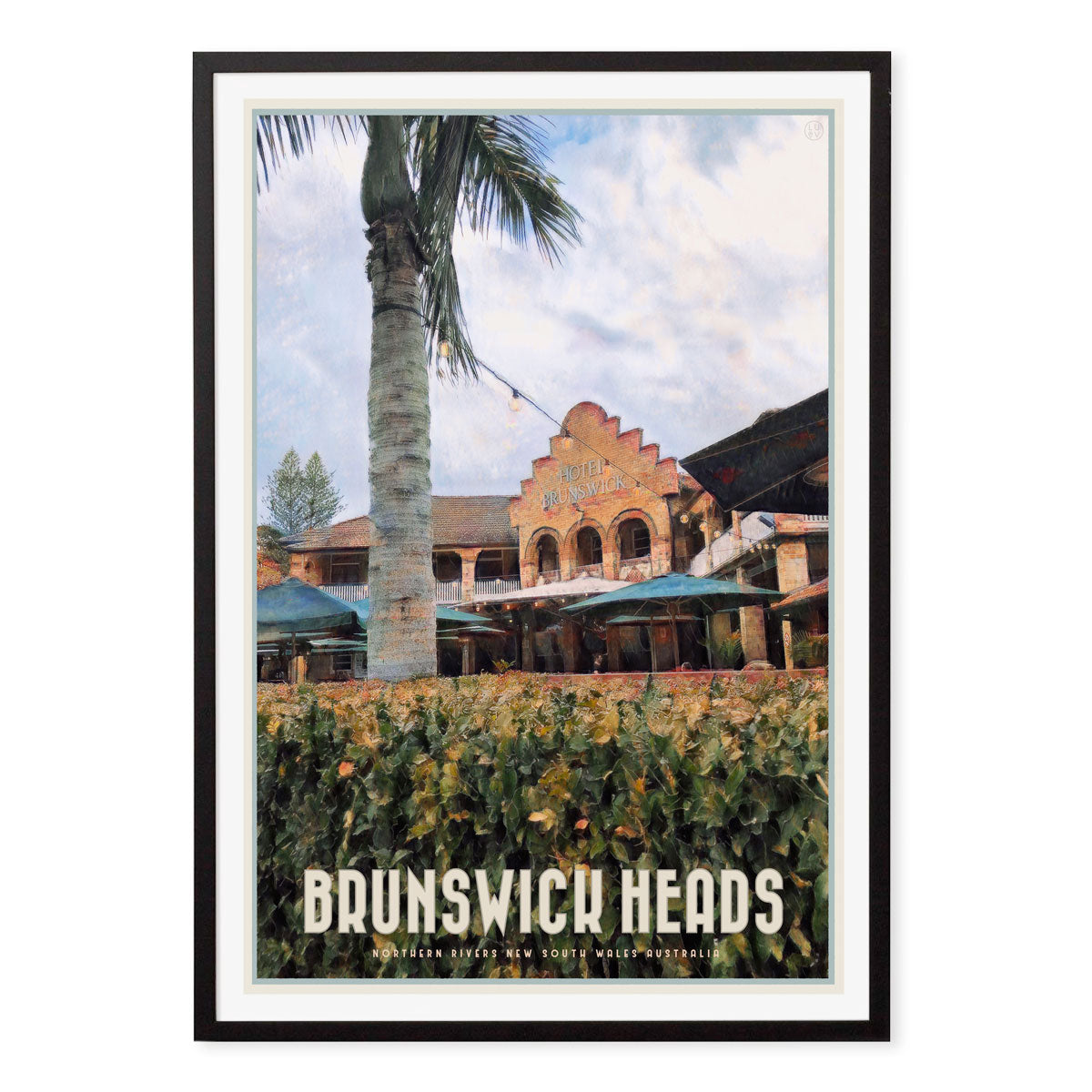 Brunswick Heads NSW retro coastal print in black frame from Places We Luv