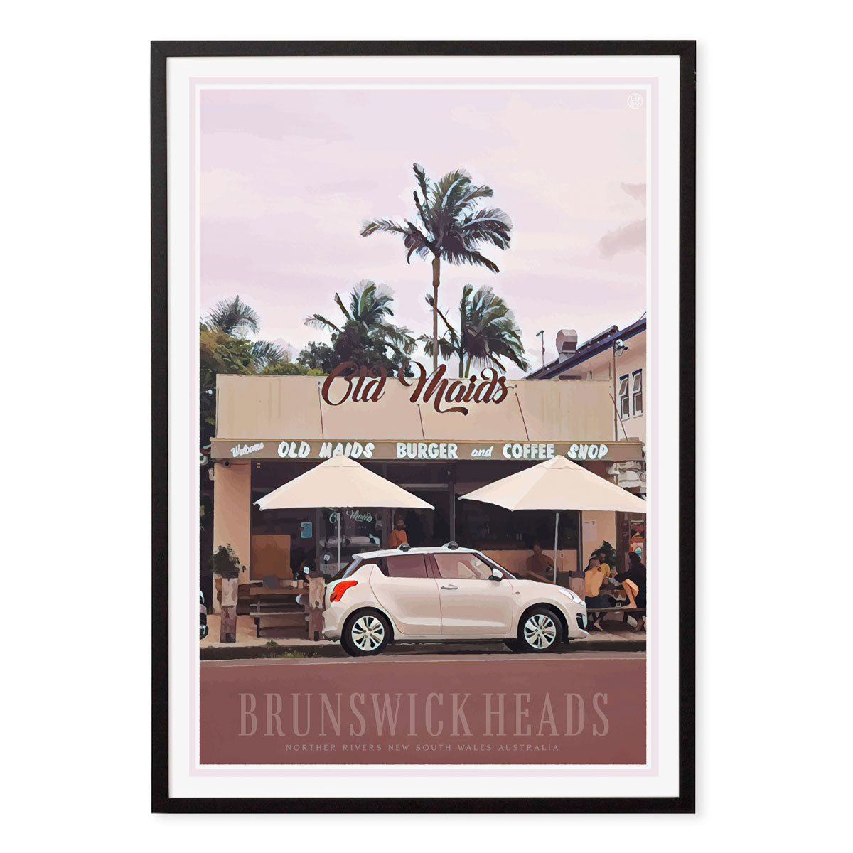 Poster Brunswick Heads retro vintage poster print in black frame from Places We Luv