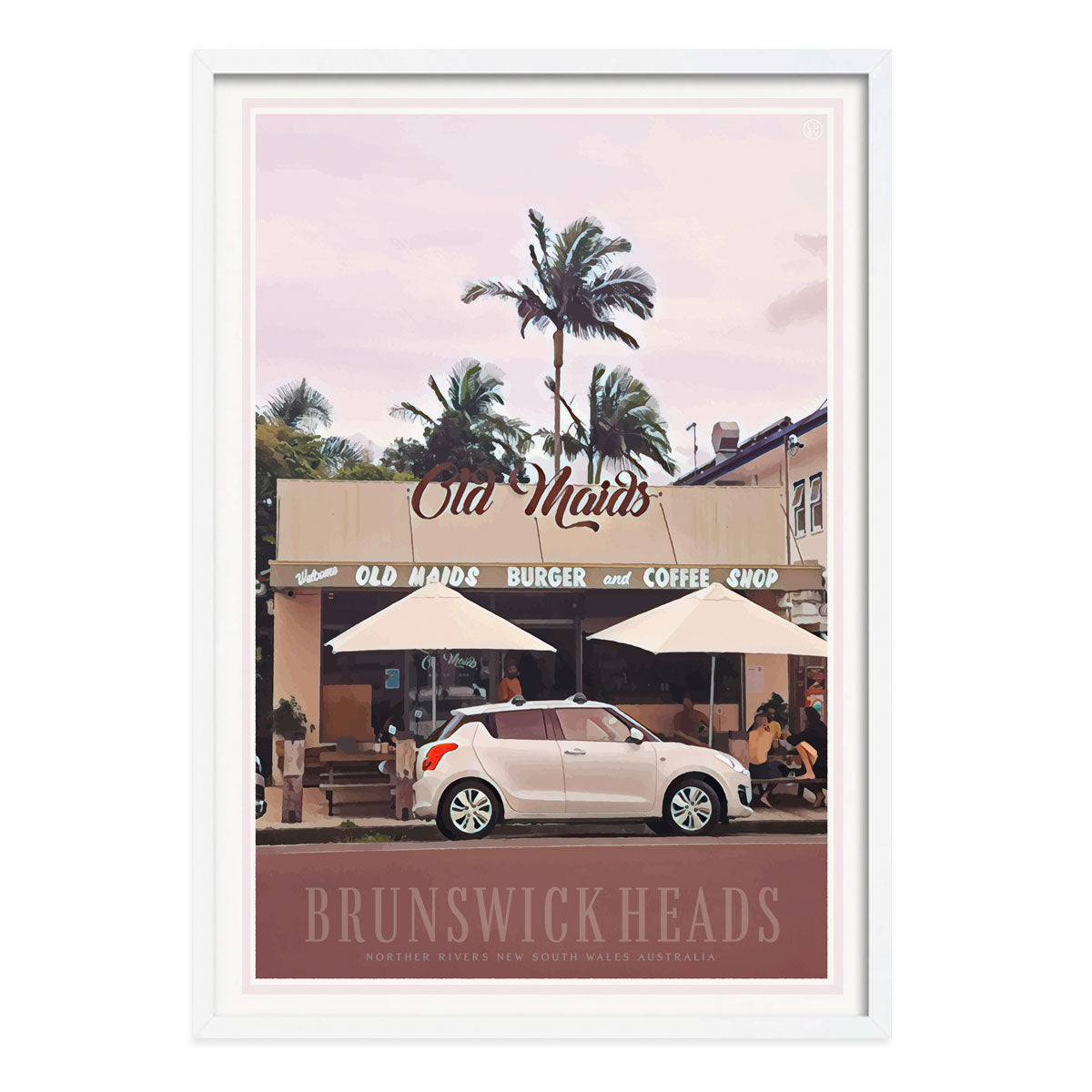 Poster Brunswick Heads retro vintage poster print in white frame from Places We Luv