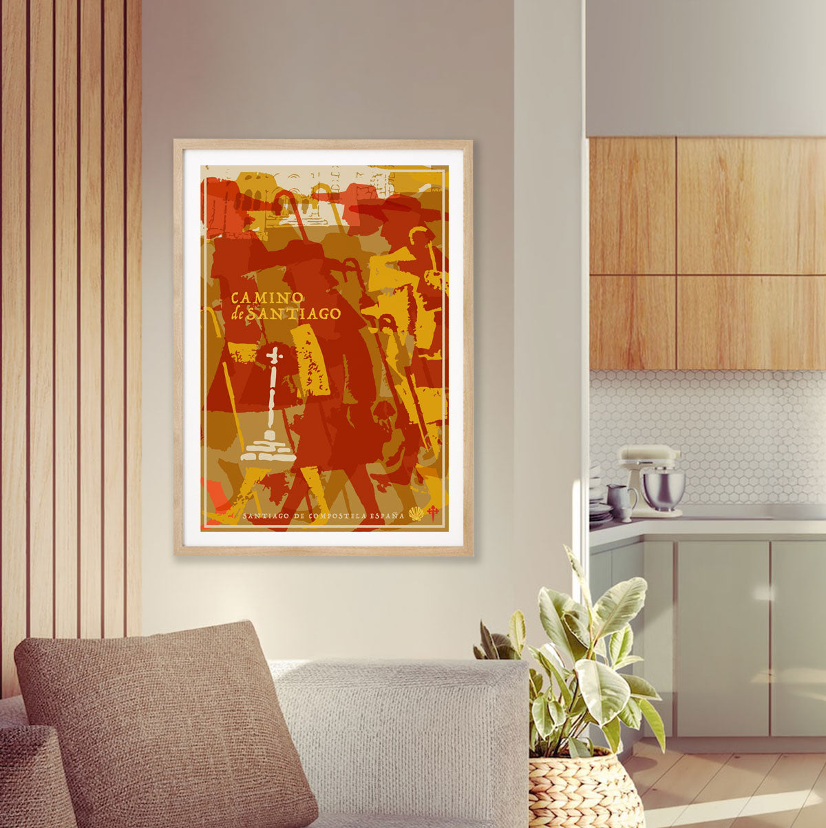 Camino de Santiago Spain retro vintage poster for lounge or dining room in oak frame from Places We Luv 