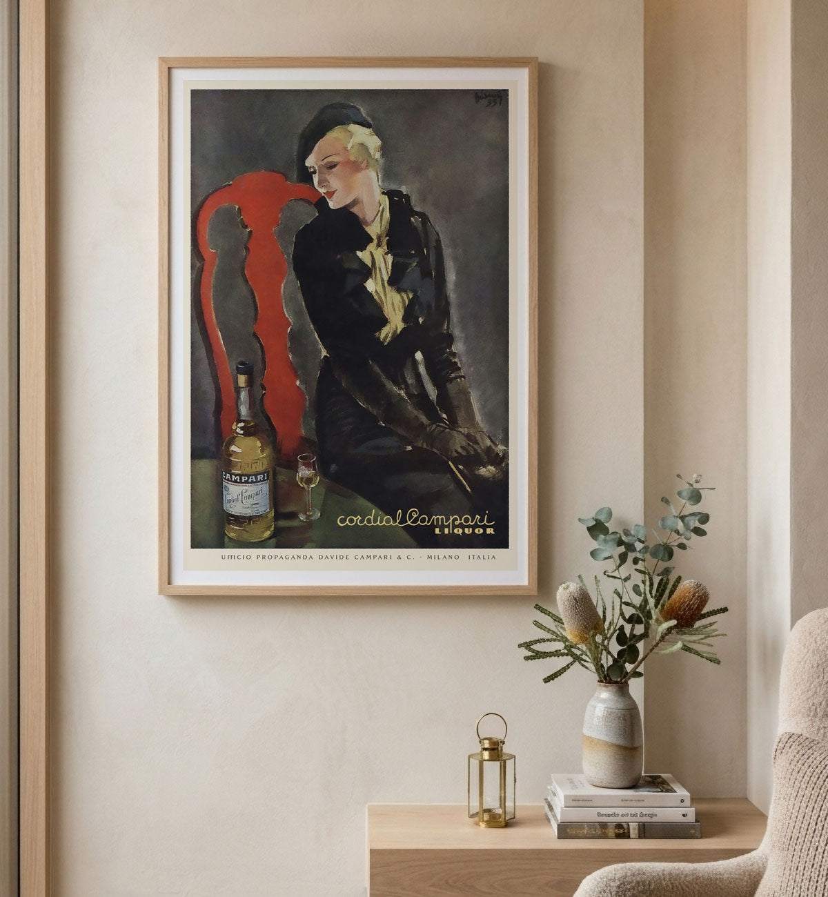 Cordial Campari Italy retro vintage poster in oak frame in lounge room from Places We Luv