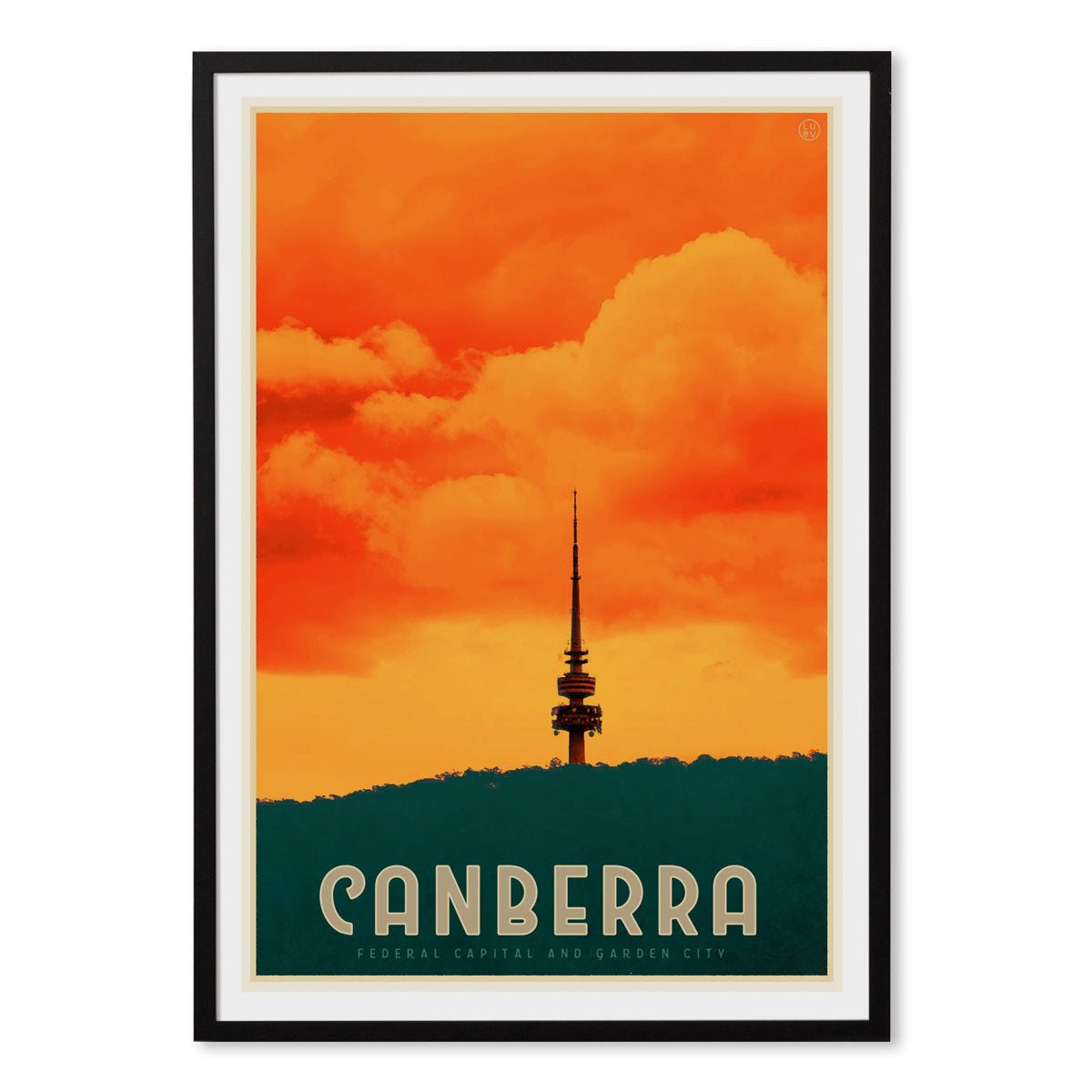Canberra Tower ACT Australia vintage style framed poster, black frame from Places we luv