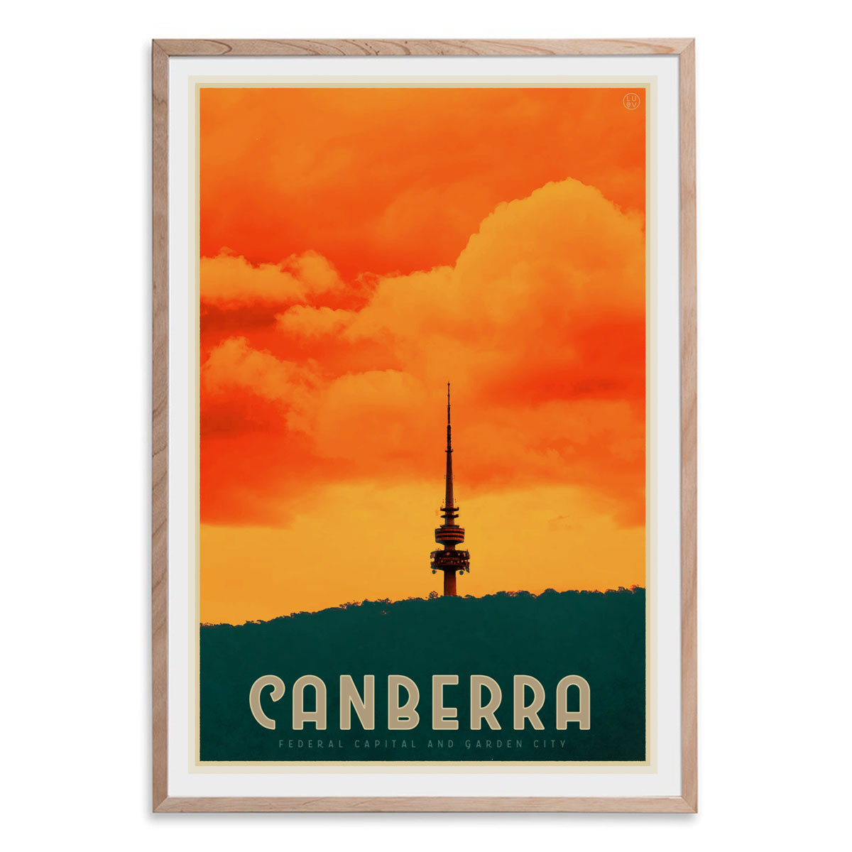 Oak framed Canberra Tower ACT Australia vintage style framed poster from Places we luv