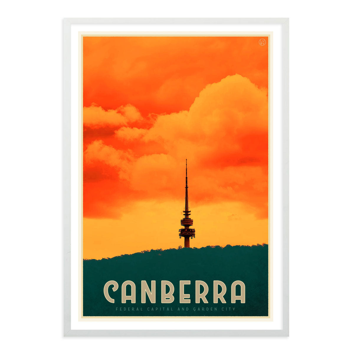 White framed Canberra Tower ACT Australia vintage style poster from Places we luv