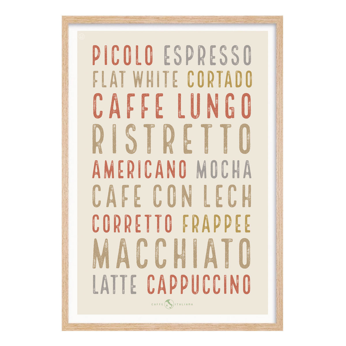 Retro vintage light Italian Coffee poster print in oak frame from Places We Luv