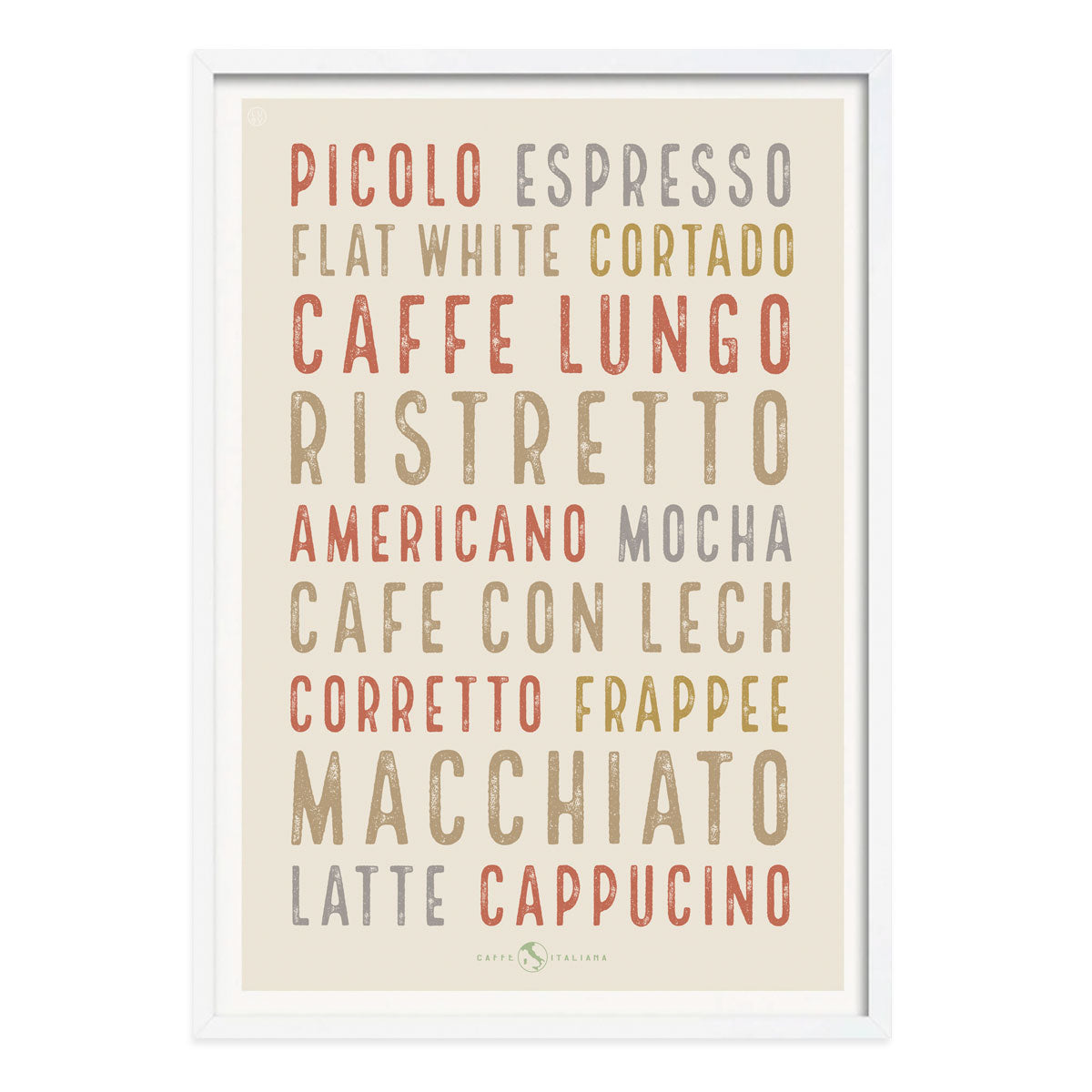 Retro vintage light Italian Coffee poster print in white frame from Places We Luv