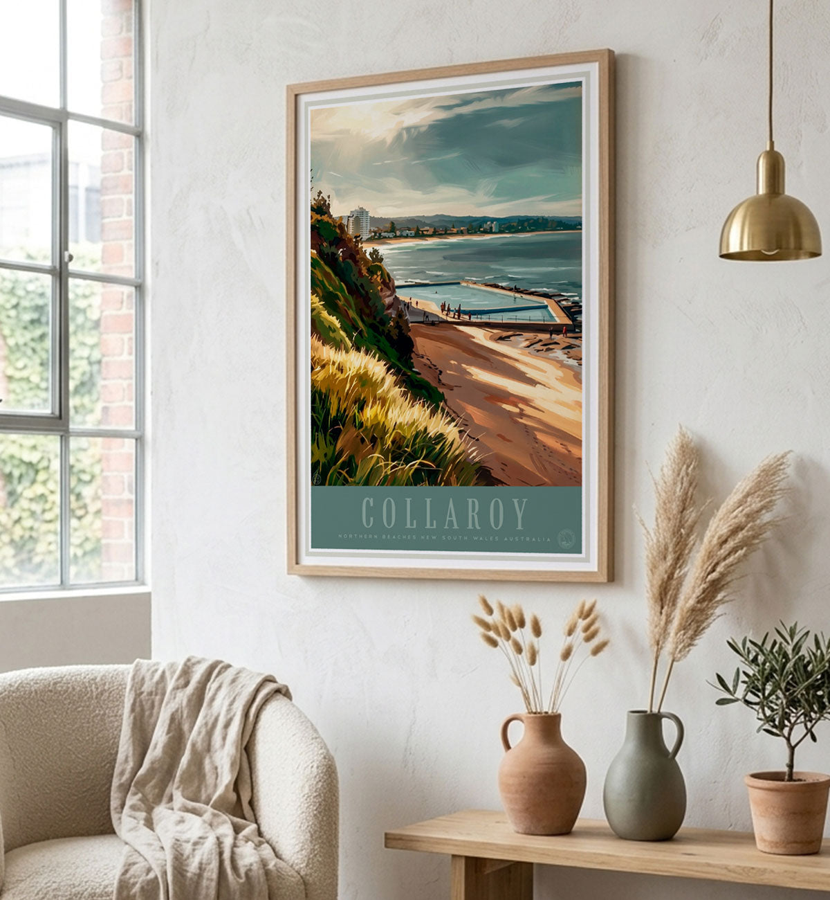 Collaroy Beach pool retro oak framed poster in living room from Places We Luv