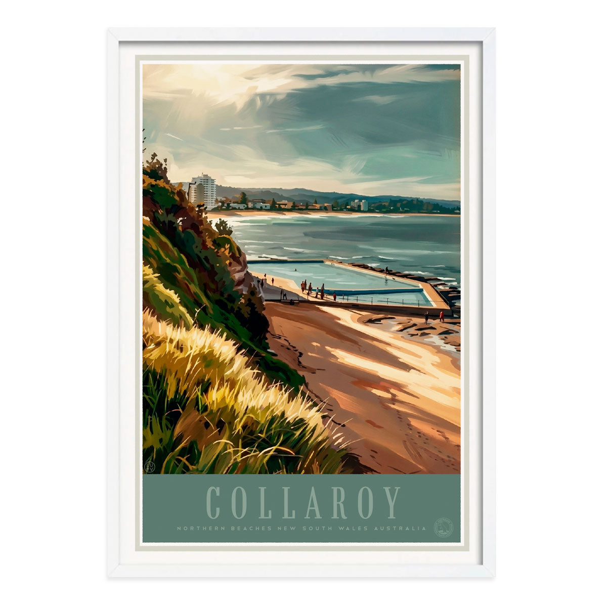 Collaroy Beach pool retro white framed poster from Places We Luv