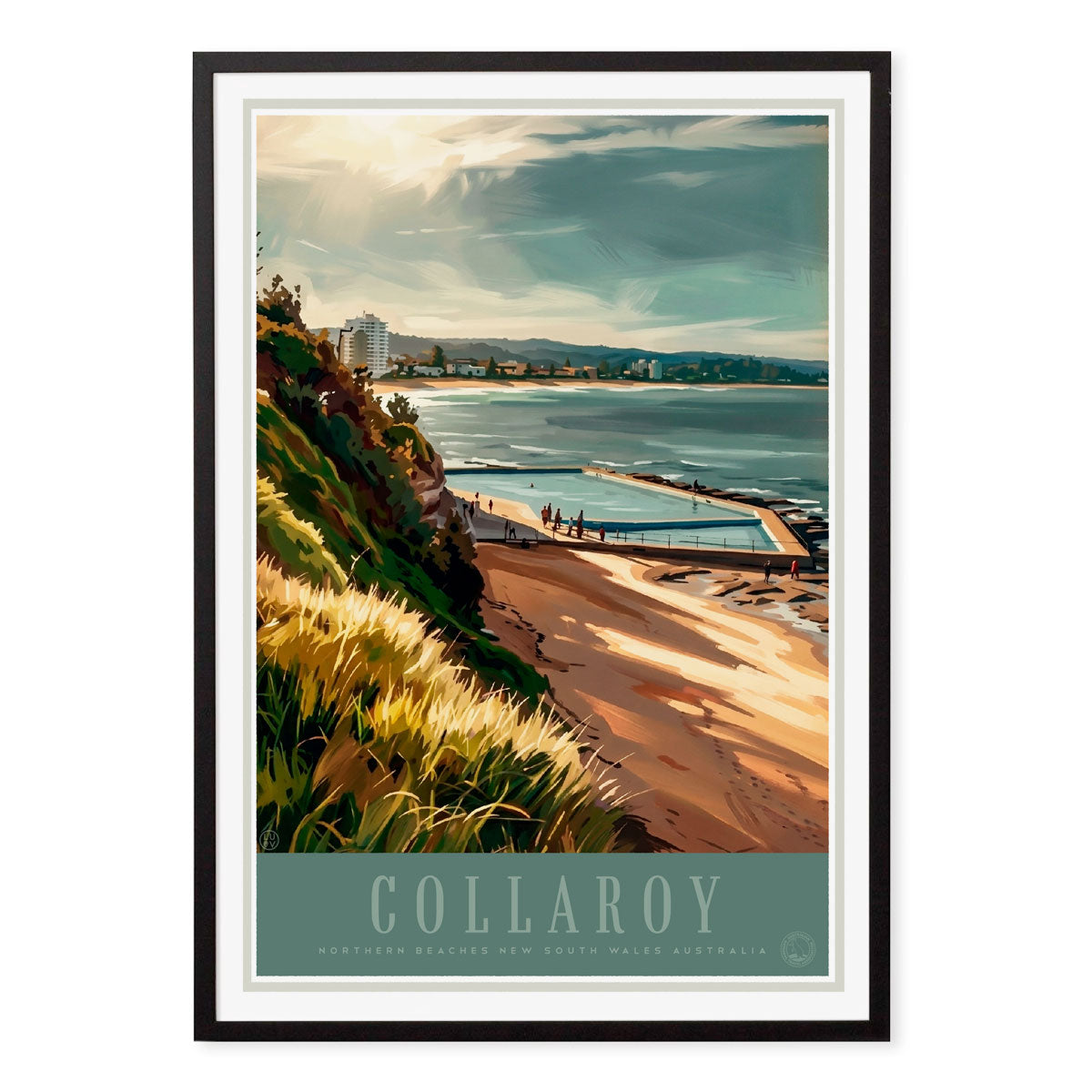 Collaroy Beach pool retro black framed poster from Places We Luv
