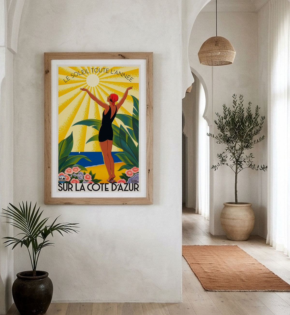 Cote D'Azur retro vintage poster print in raw wood frame in hallway interior from Places We Luv
