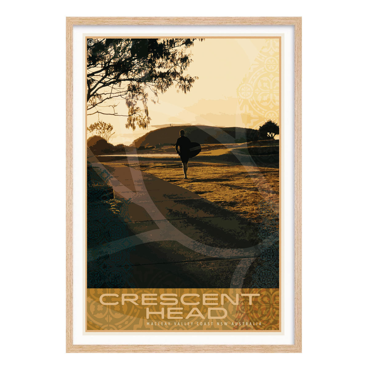 Poster retro surfer Crescent Head NSW Australia vintage print in oak frame from Places We Luv
