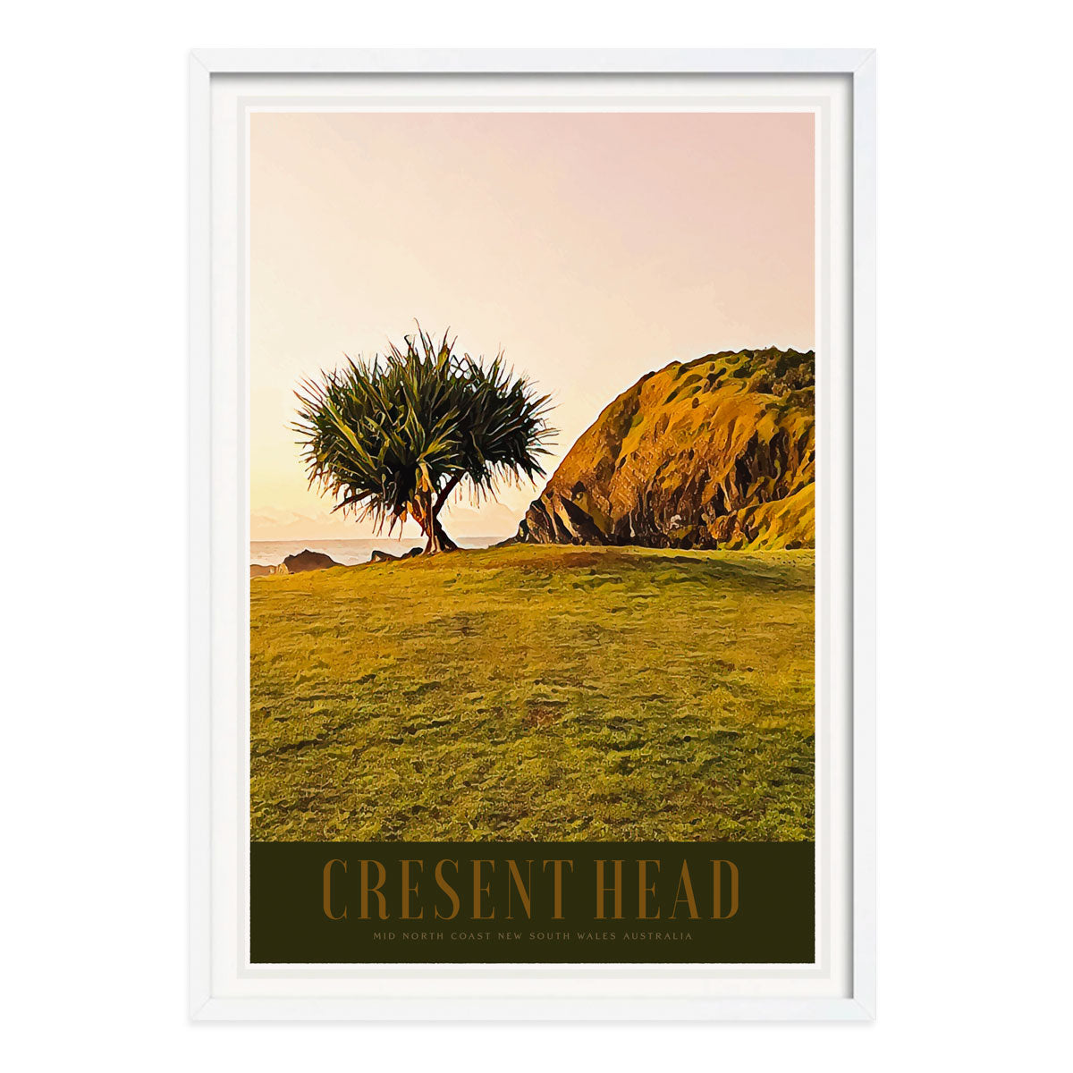 Cresent Head NSW Australia retro vintage poster print in white frame from Places We Luv