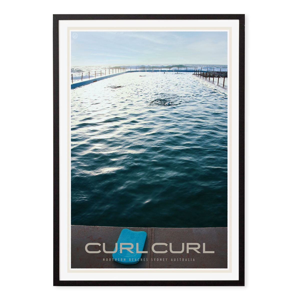 Curl curl pool retro vintage travel poster print in black frame from places we luv