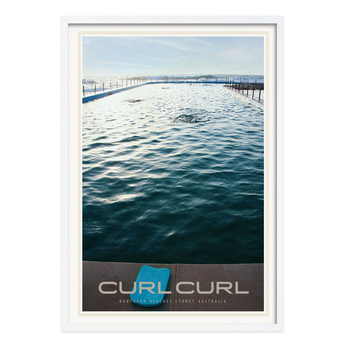Curl curl pool retro vintage travel poster print in white frame from places we luv