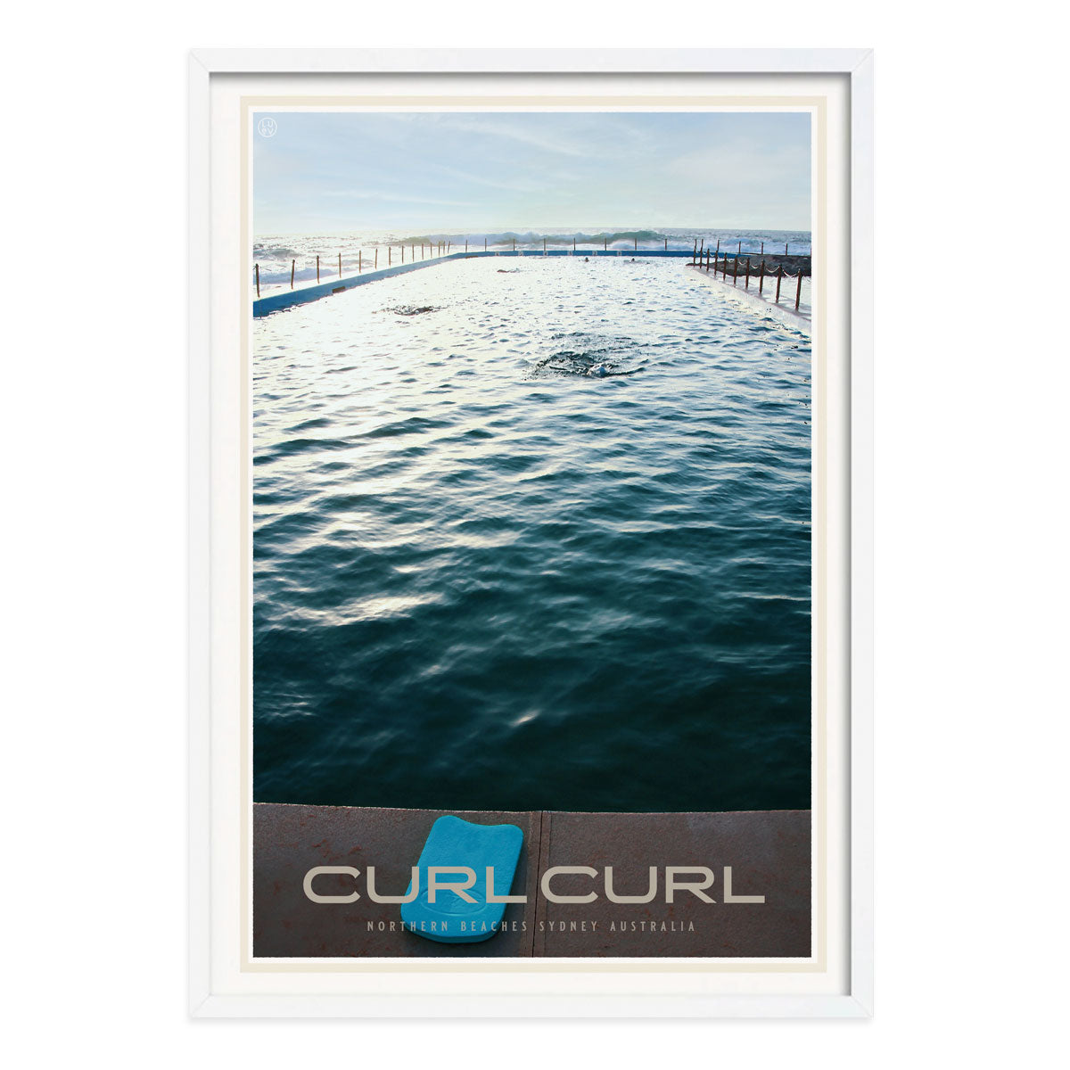 Curl curl pool retro vintage travel poster print in white frame from places we luv