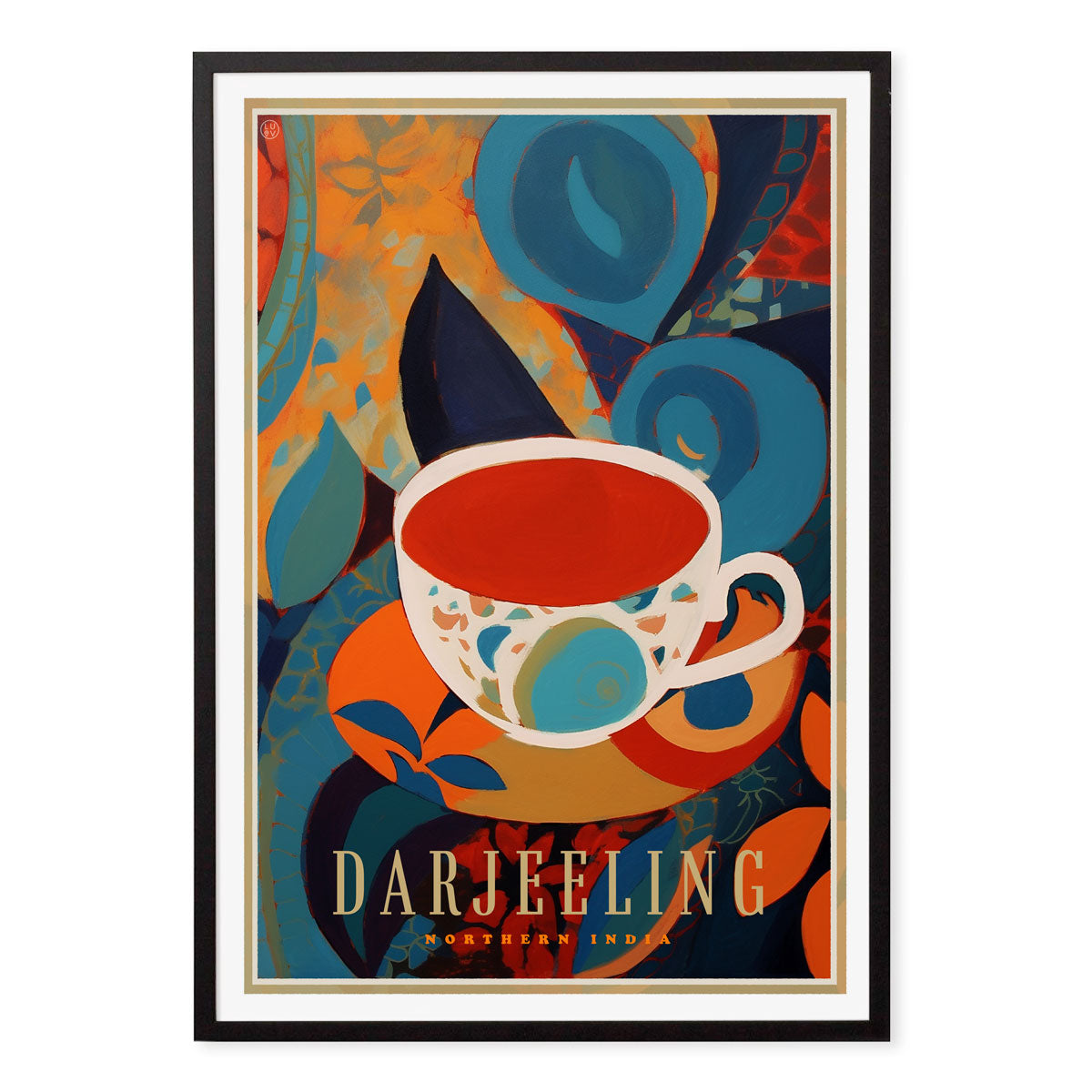 Darjeeling retro vintage tea poster print in black frame from Places We Luv