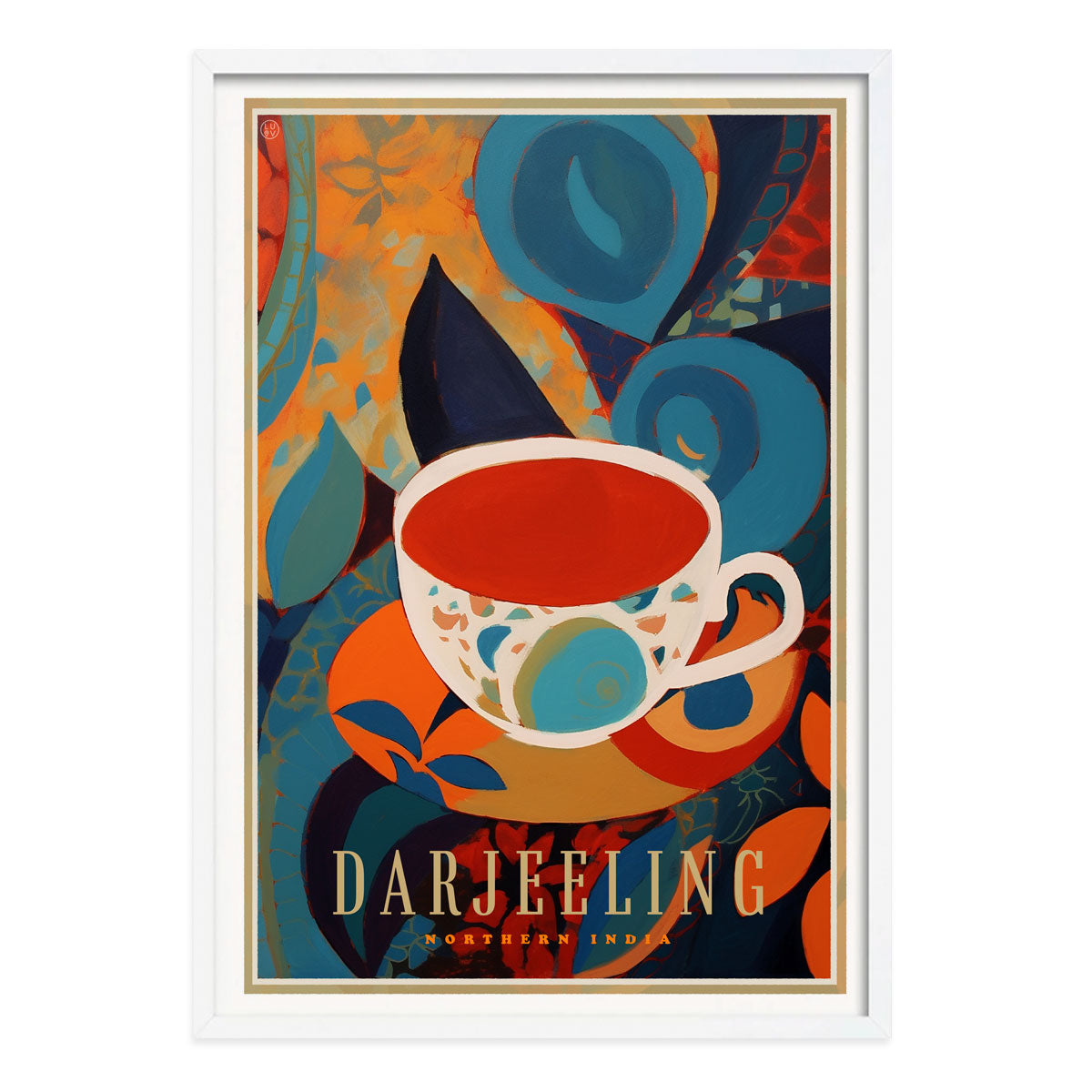 Darjeeling retro vintage tea poster print in white frame from Places We Luv