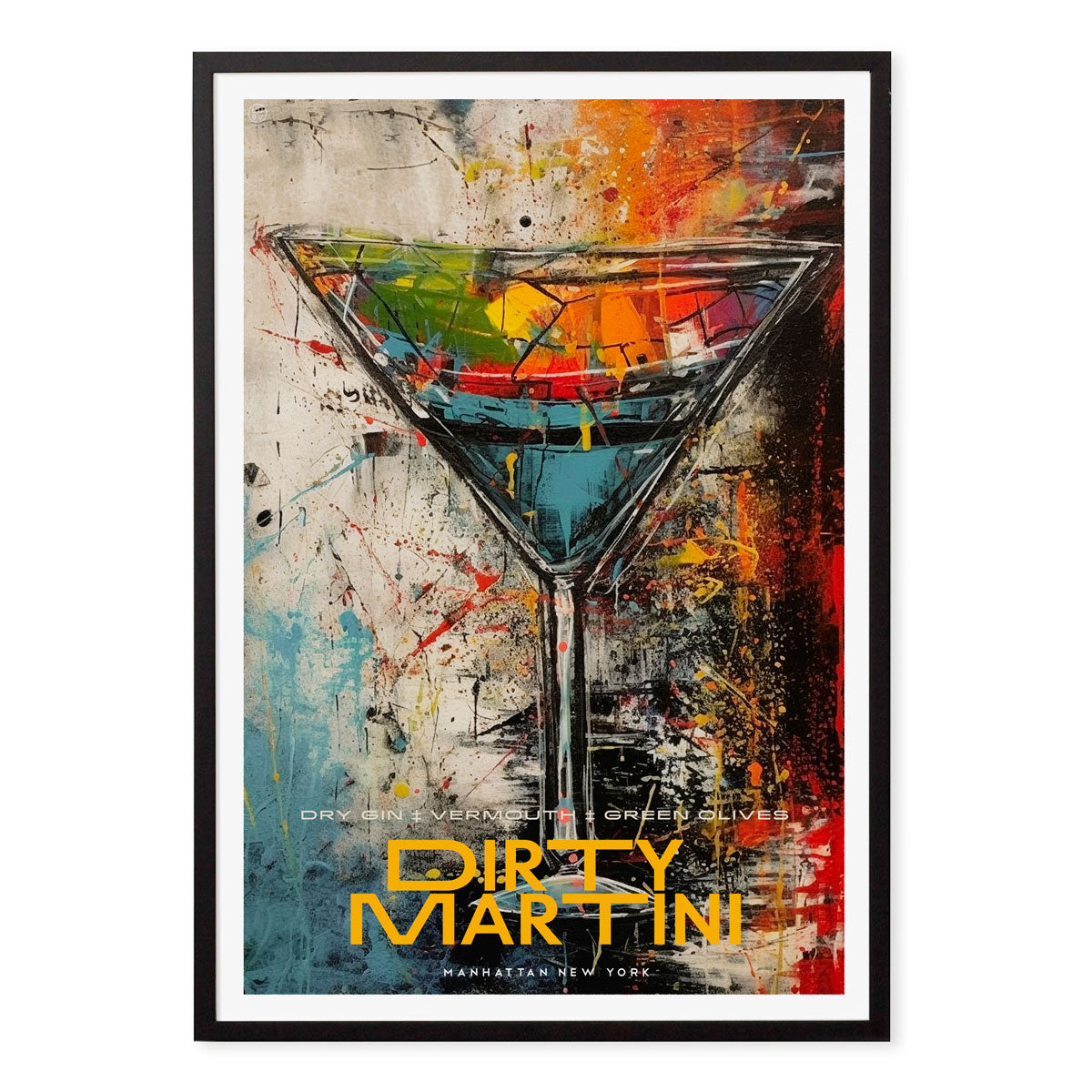 New Yorks Dirty Martini cocktail retro vintage poster print in black frame from Places We Luv