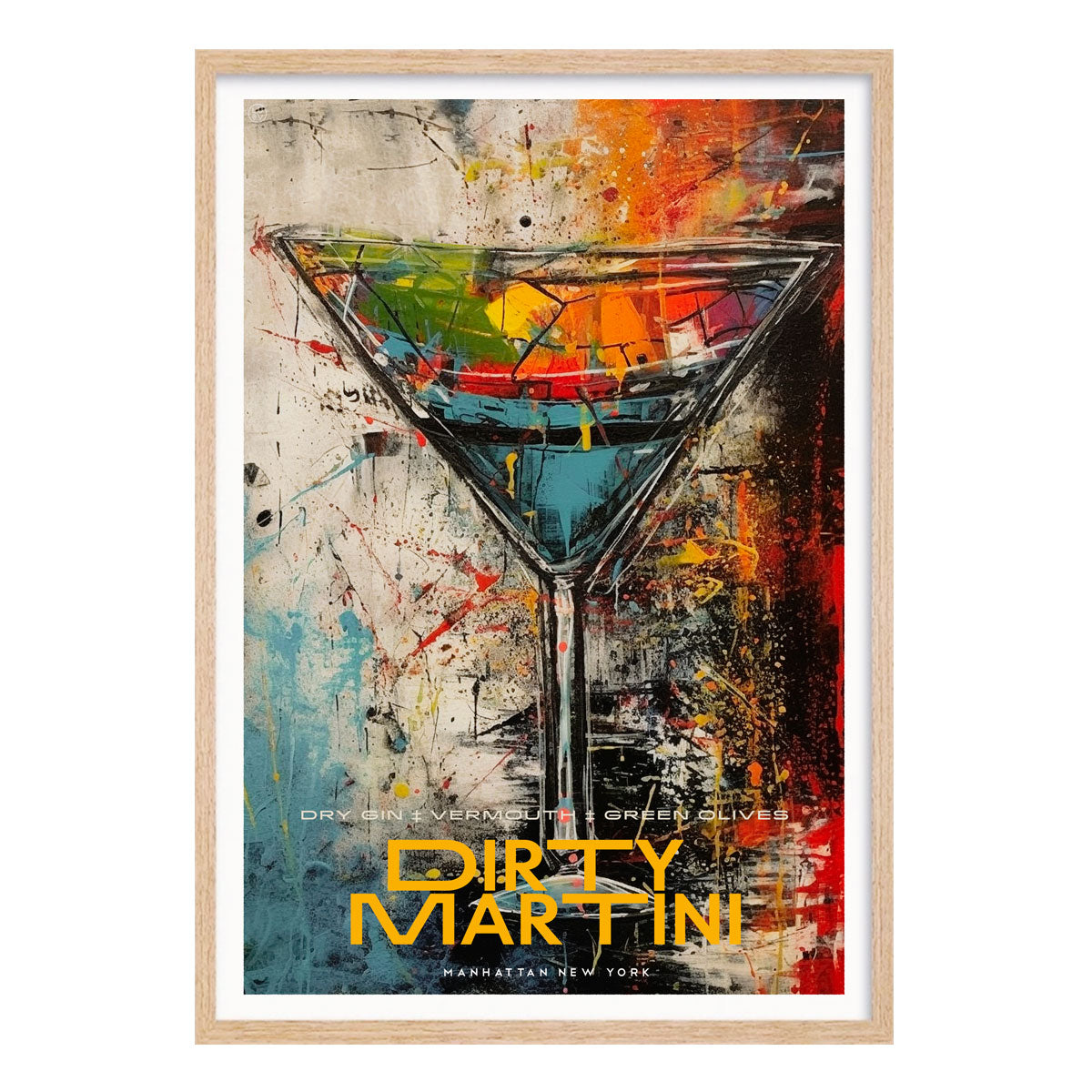 New Yorks Dirty Martini cocktail retro vintage poster print in oak frame from Places We Luv