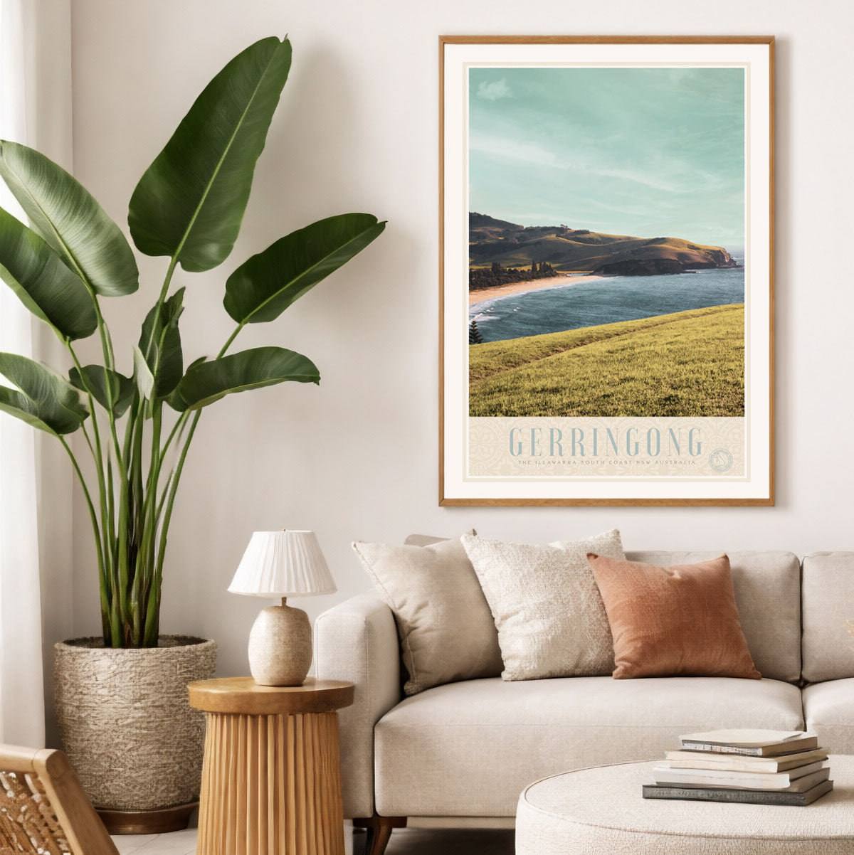Gerringong retro vintage poster in oak frame in contempory lounge room from Places We Luv