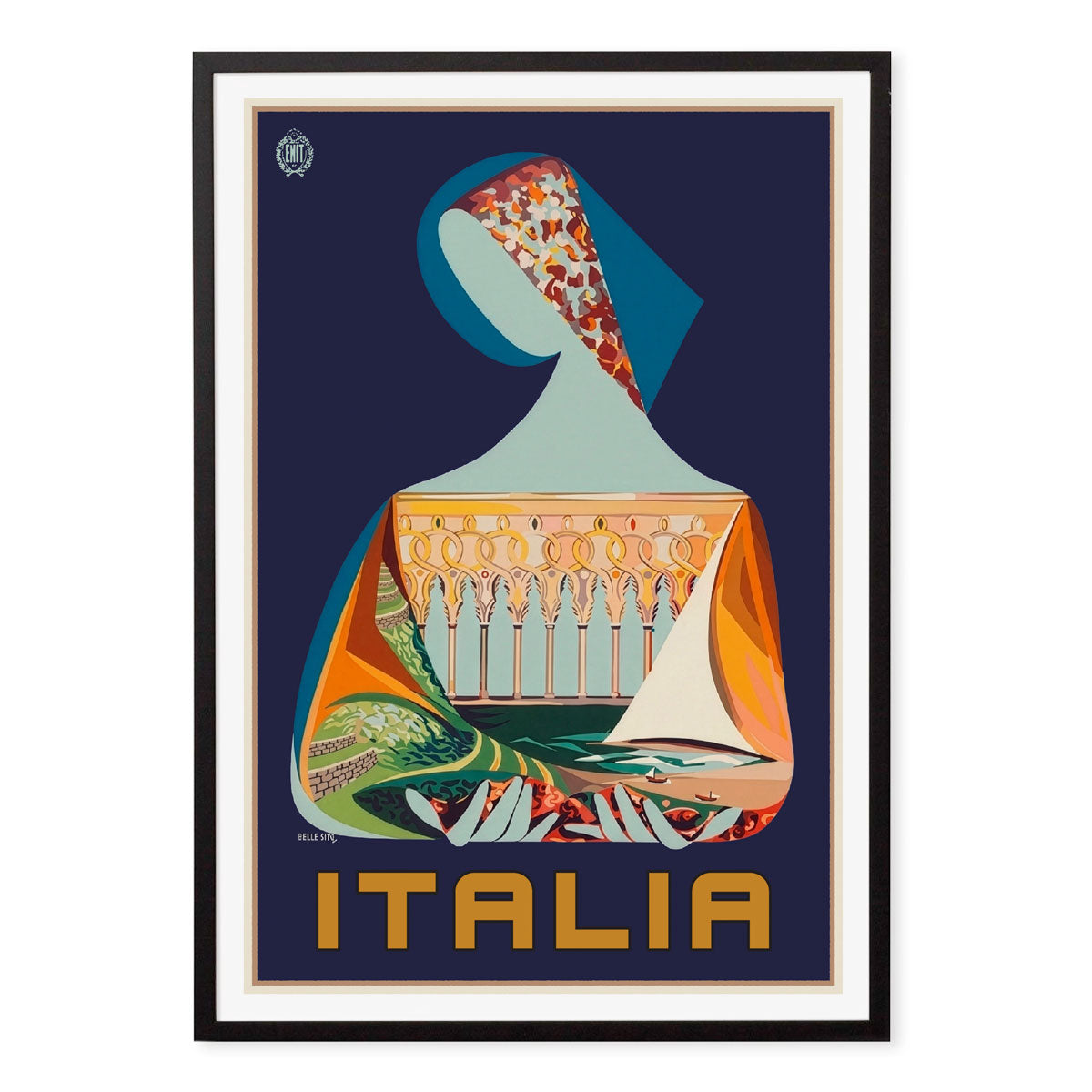 Italia tourism retro vintage poster print in  black frame from Places We Luv
