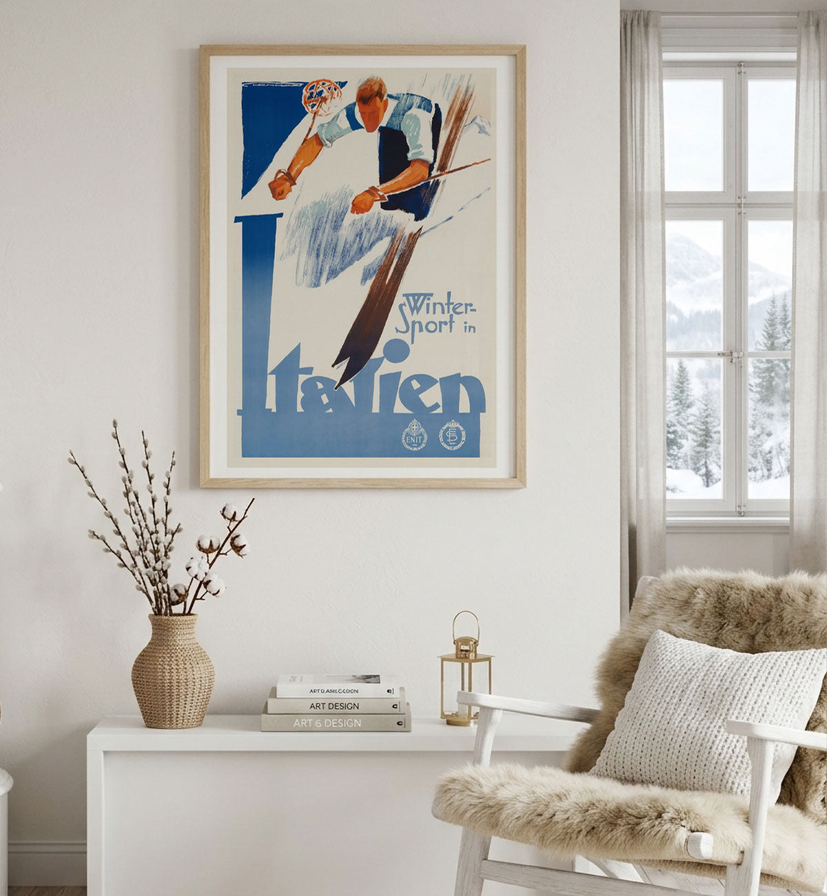Italian retro vintage Winter ski poster print in oak frame in ski lodge from Places We Luv