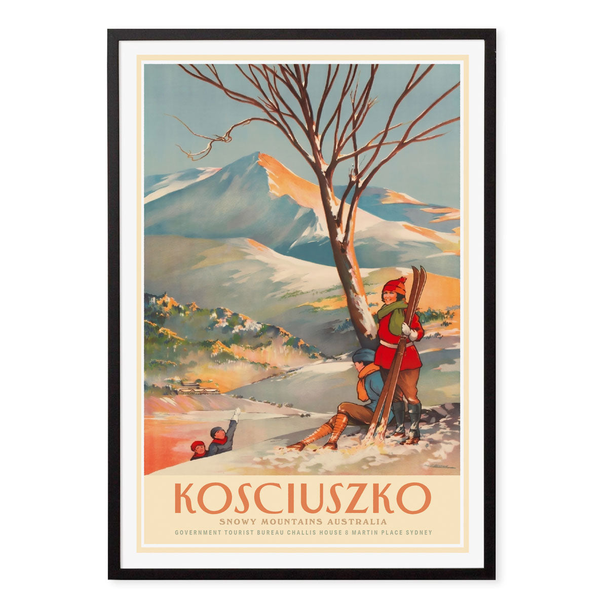 Mt Kosciuszko Winter retro vintage Poster Print in black frame from Places We Luv
