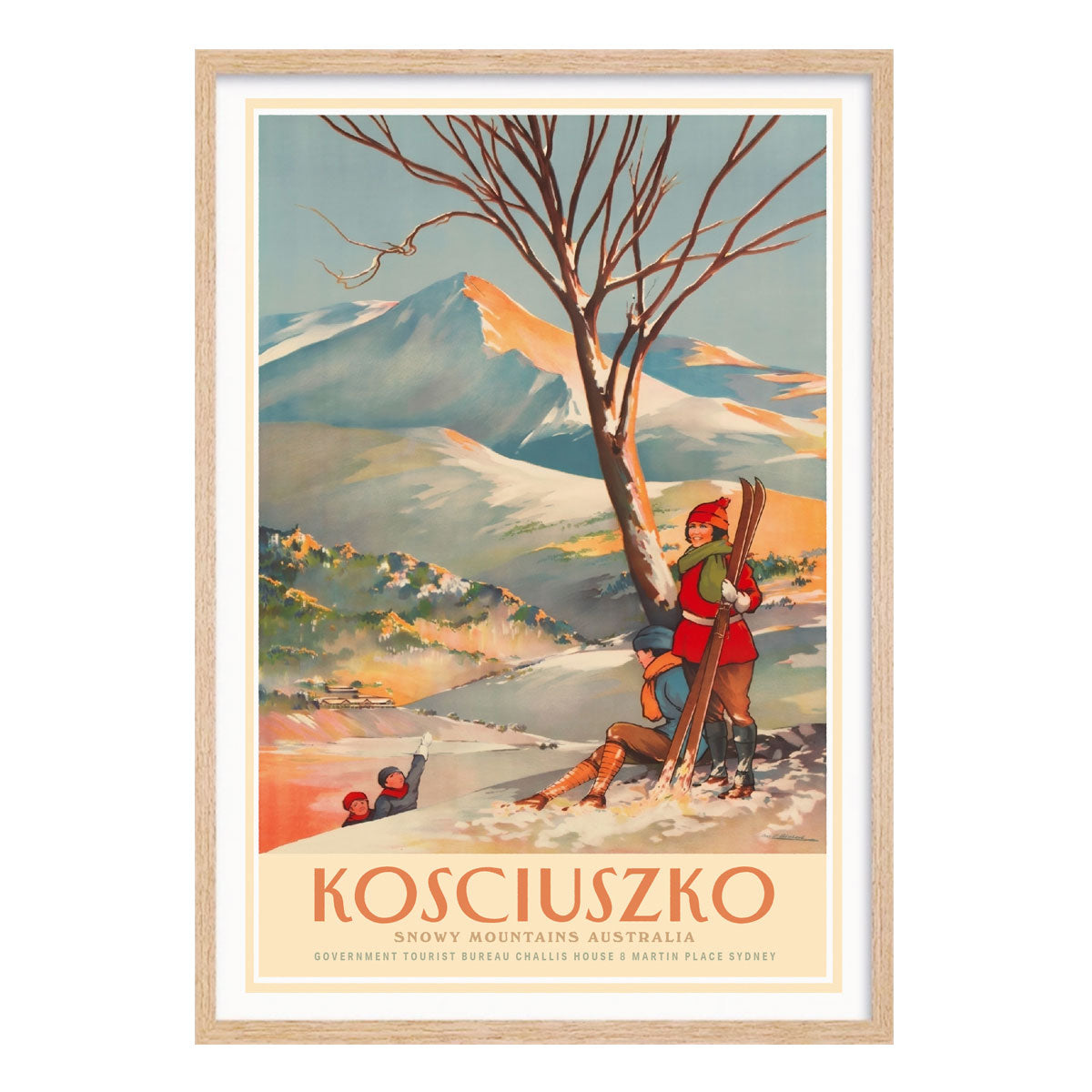 Mt Kosciuszko Winter retro vintage Poster Print in oak frame from Places We Luv