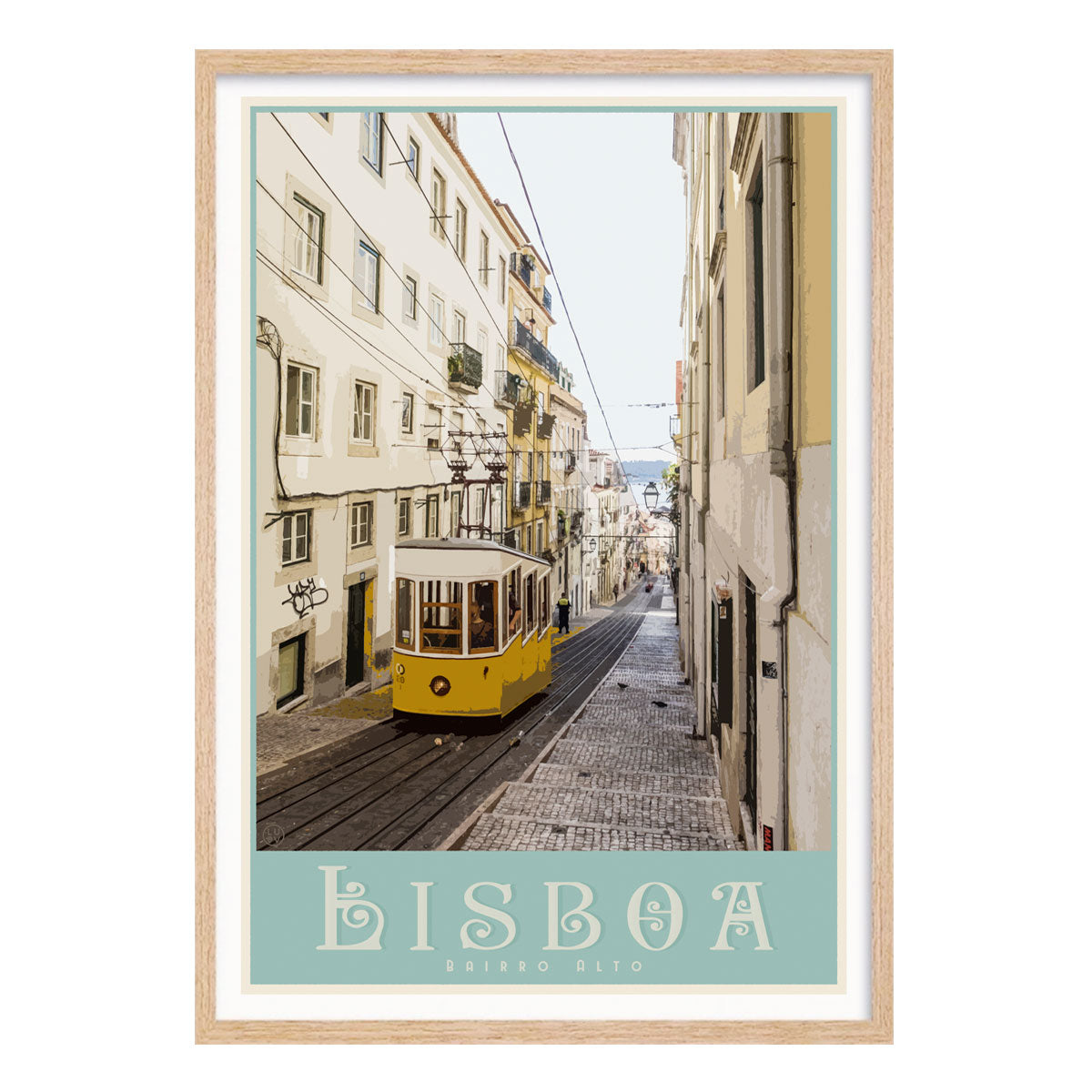 Lisbon travel print. Retro poster print in oak frame by places we luv