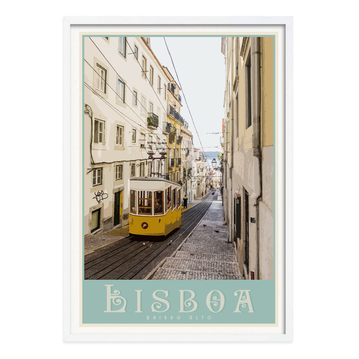 Lisbon travel print. Retro poster print in white frame by places we luv