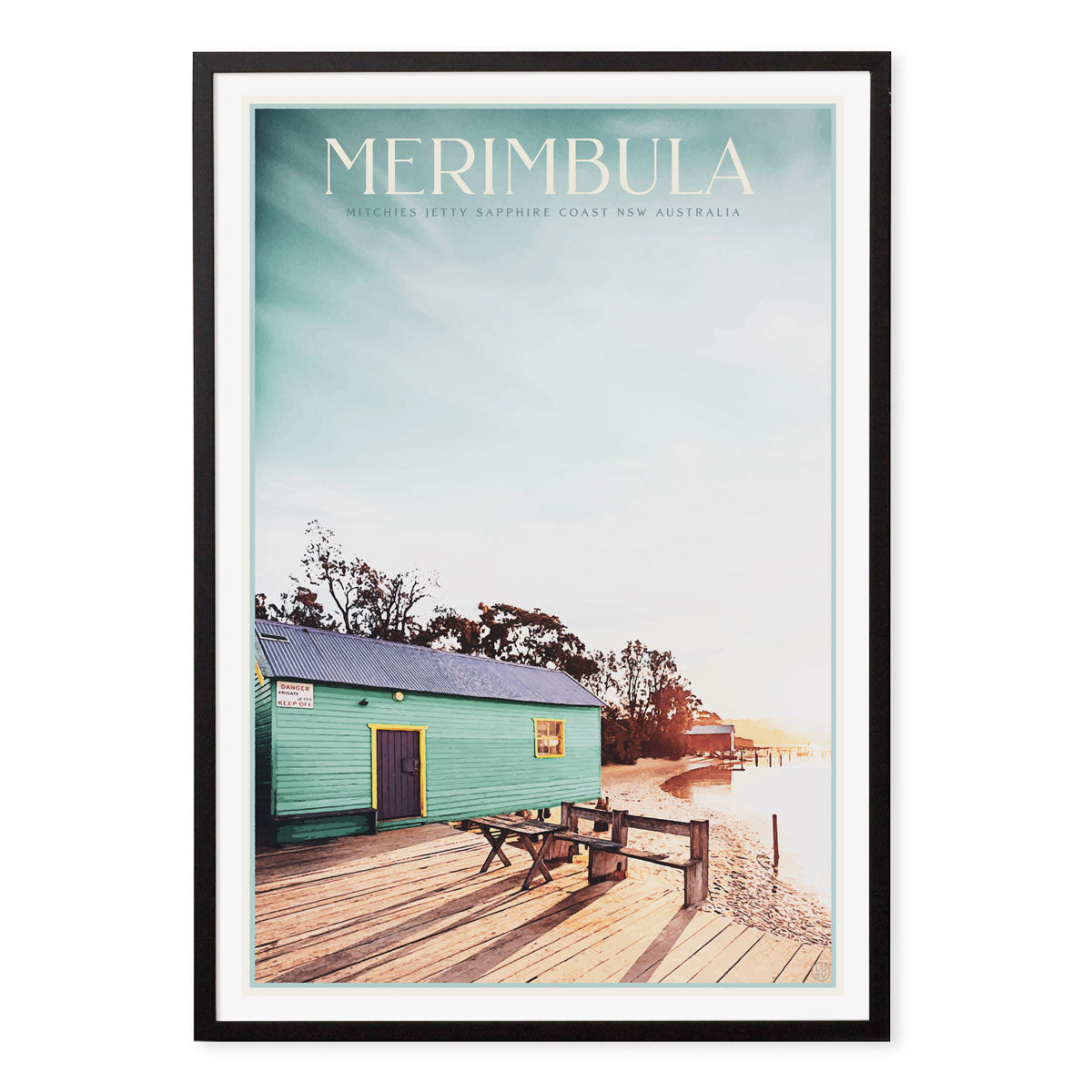 Merimbula NSW vintage retro poster print in black frame from Places We Luv