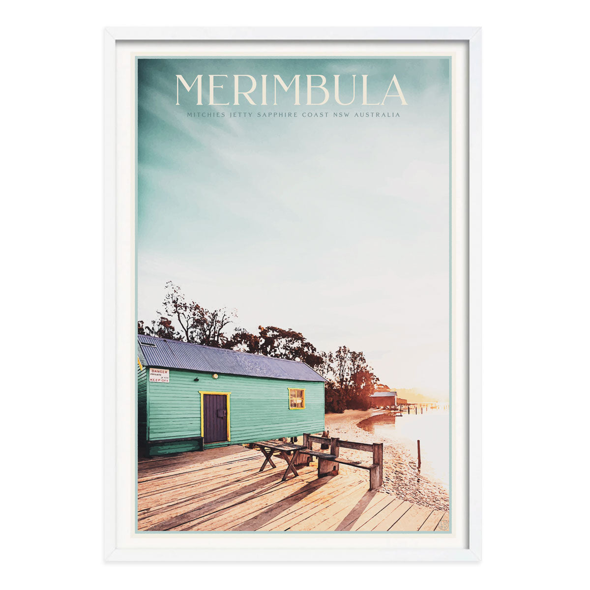 Merimbula NSW vintage retro poster print in white frame from Places We Luv