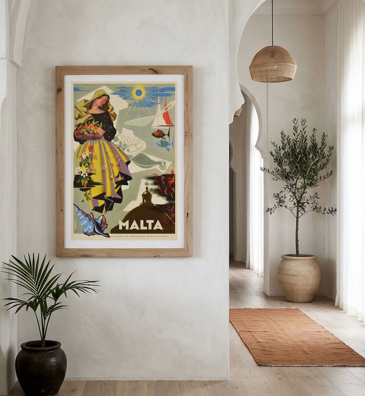 Malta retro vintage travel poster print in raw wood frame in hallway interior from Places We Luv