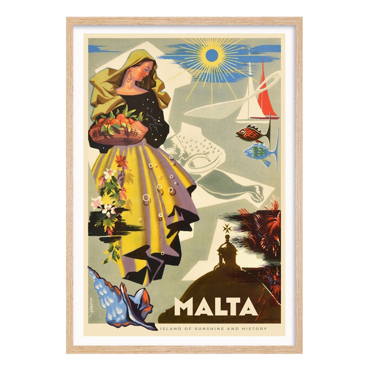Malta retro vintage travel poster print in oak frame from Places We Luv