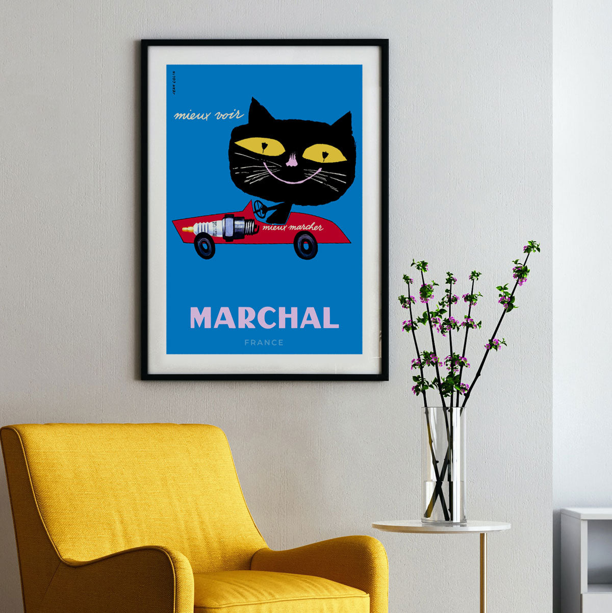 Marchal France black framed retro vintage poster in lounge room from Places We Luv