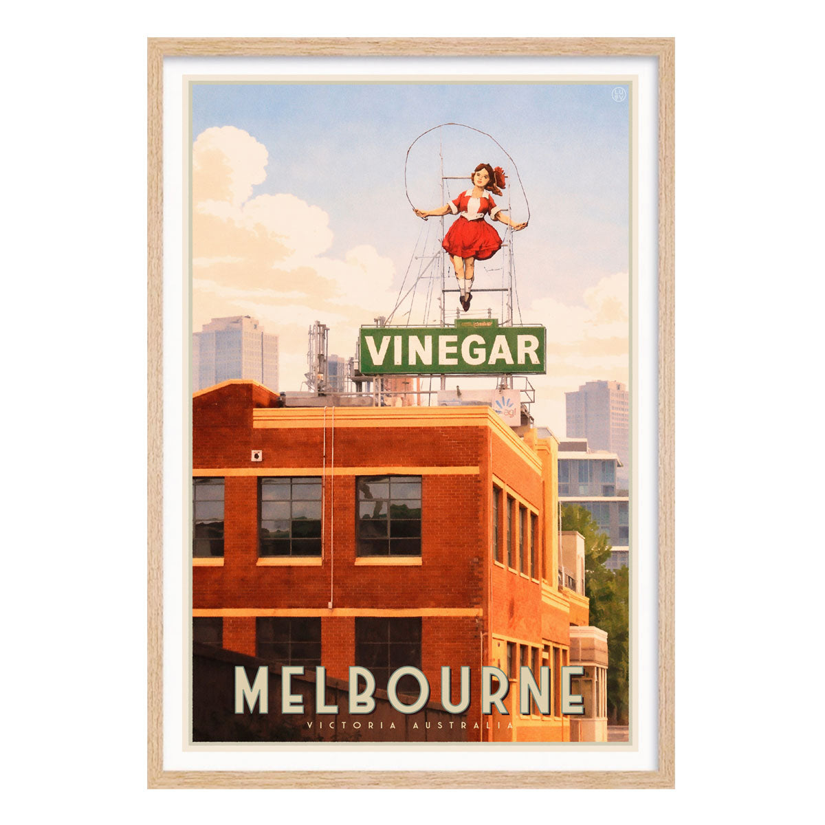 Melbourne Skipping Girl retro poster print in oak frame from Places We Luv