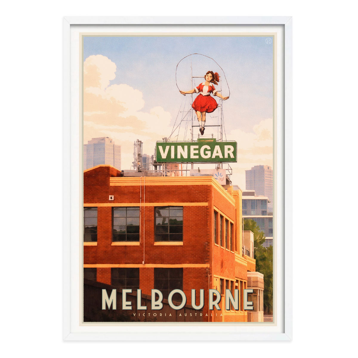 Melbourne Skipping Girl retro poster print in white frame from Places We Luv