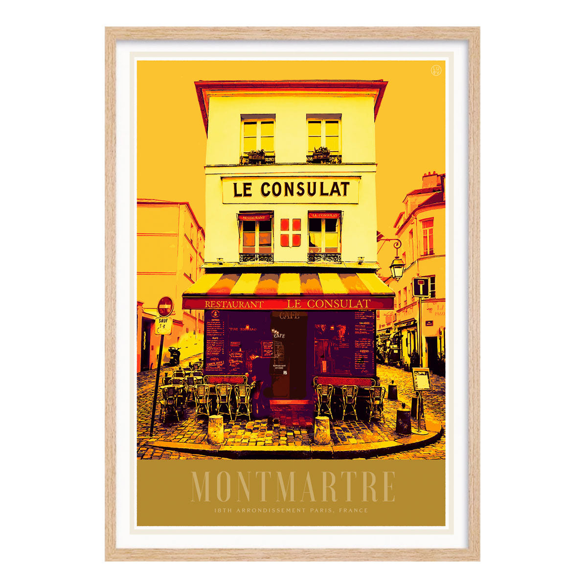 Monmartre Le Consulat retro vintage poster print in oak frame from Places We Luv