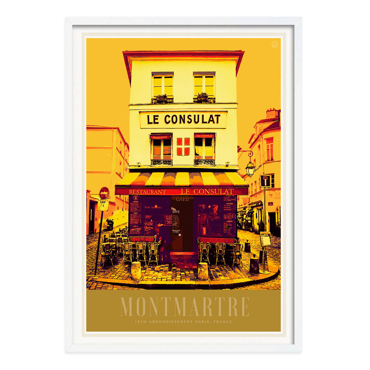 Monmartre Le Consulat retro vintage poster print in white frame from Places We Luv
