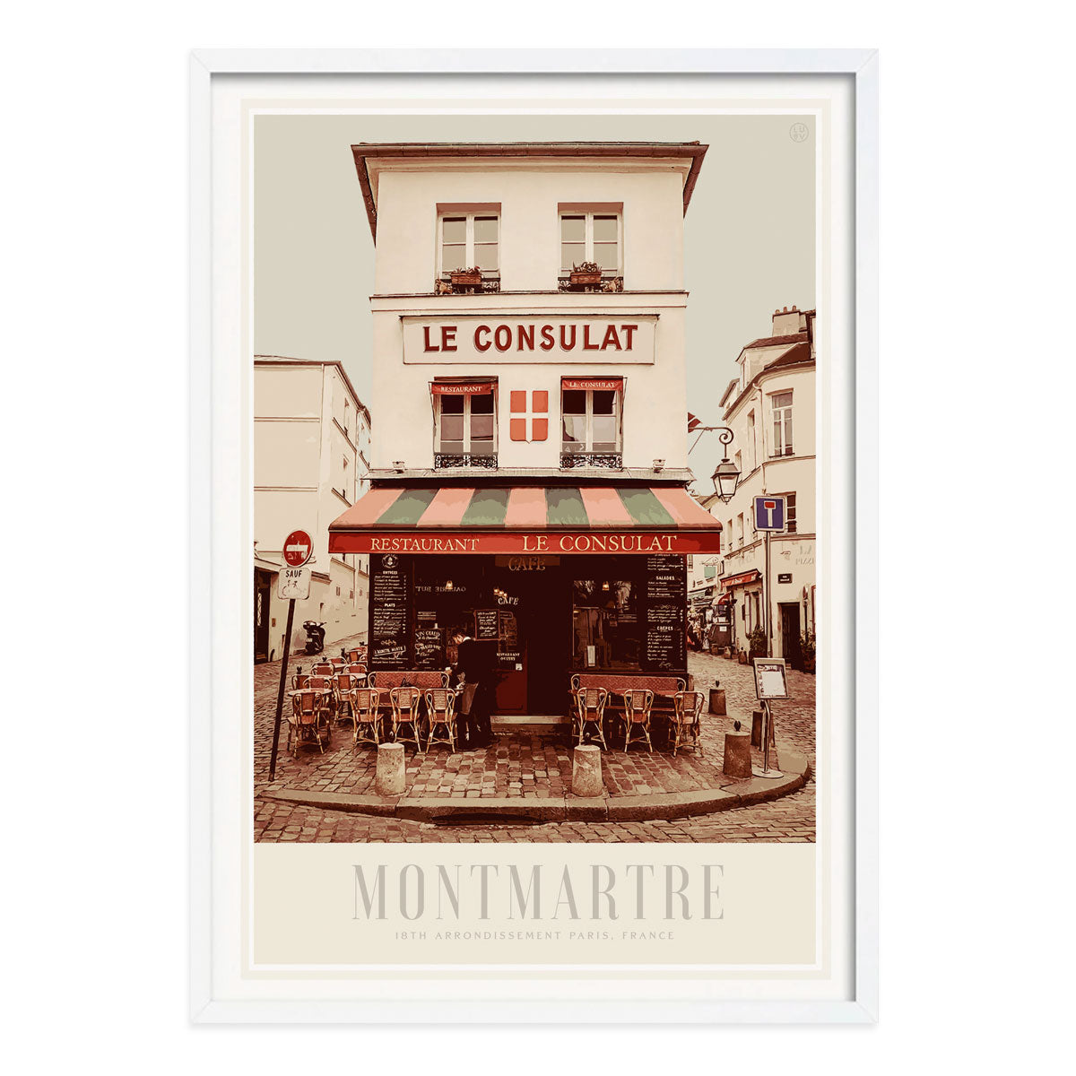 Le Consulat Cafe Paris retro vintage poster print in white frame from Places We Luv