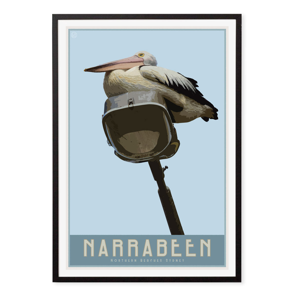 Narrabeen Lake Pelican vintage retro poster print in black frame from Places We Luv