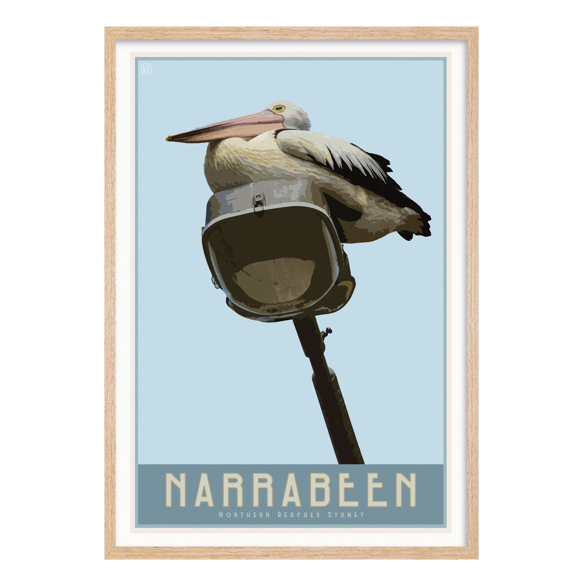 Narrabeen Lake Pelican vintage retro poster print in oak frame from Places We Luv