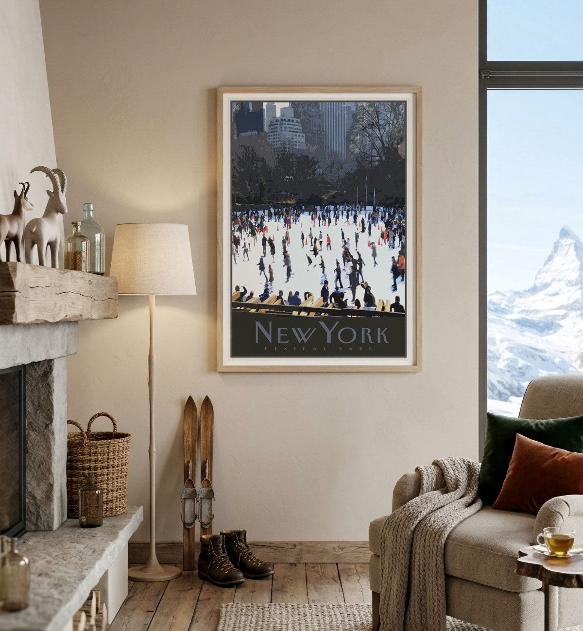 New York skating retro vintage print in ski lodge oak frame from Places We Luv
